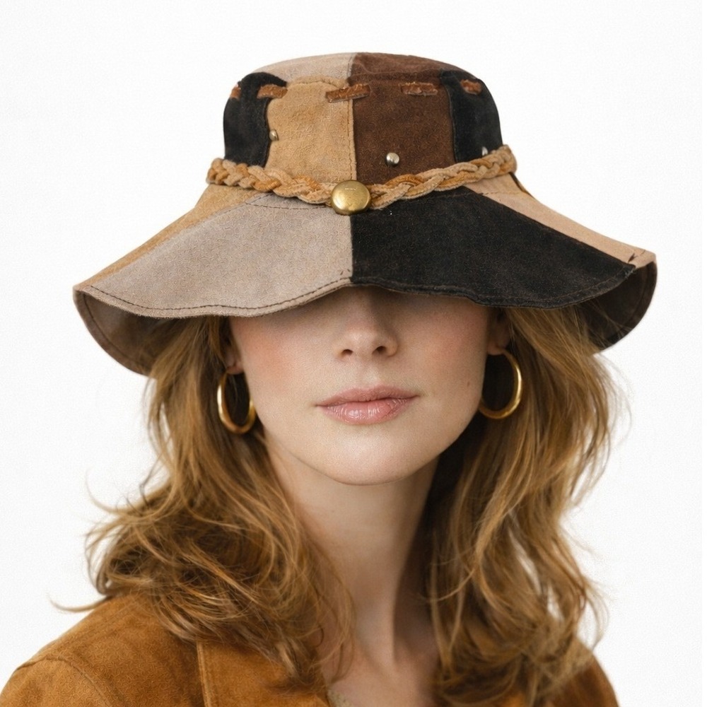 Vintage‎ Patchwork Suede Bucket Hat Wide Brim Braided Detail Button Accent